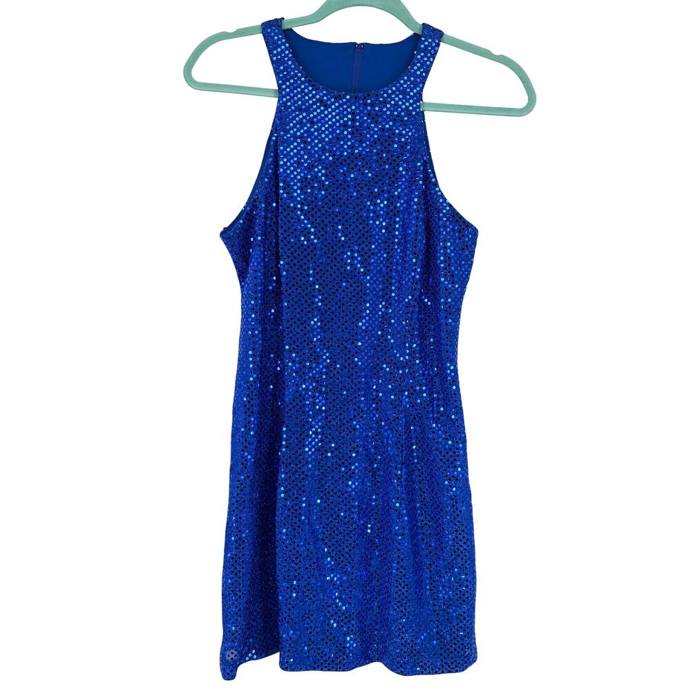All That Jazz Vintage Women's Royal Blue Sparkle Halter Top Mini Dress Size 9/10